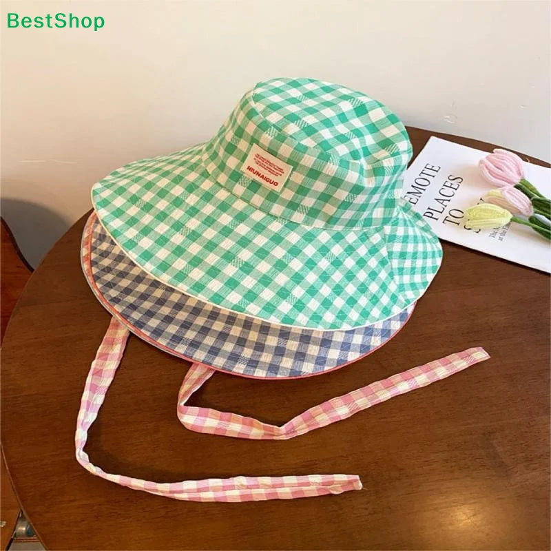 Women's Wide Brim UV Sun Hat with Chin Strap – Plaid Beach