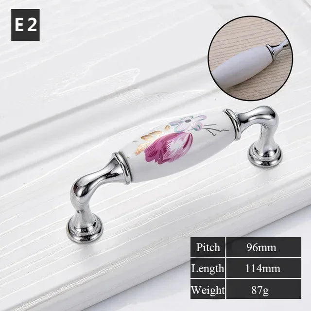 Tulip Ceramic Door Handle Silver Drawer Pulls Vintage Flower Cupboard Kitchen Cabinet Handles and Knobs Furniture Hardware Oasis Select B-96mm