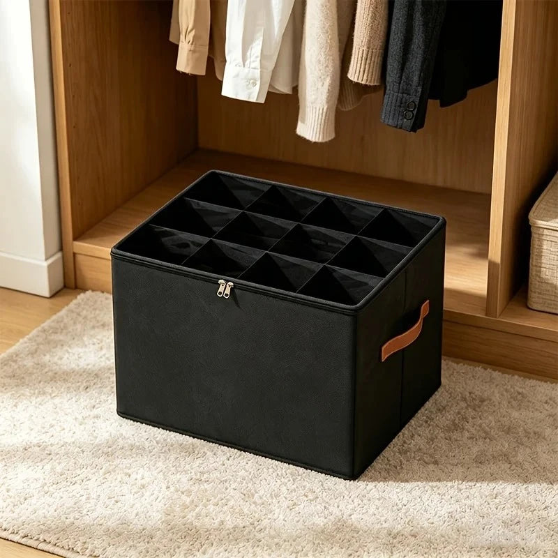 Shoe Organizer 12 Grid Clear Window Foldable, Closet Shoe Storage Box with Handle, Space Saving Portable Container for Under Bed Oasis Select black