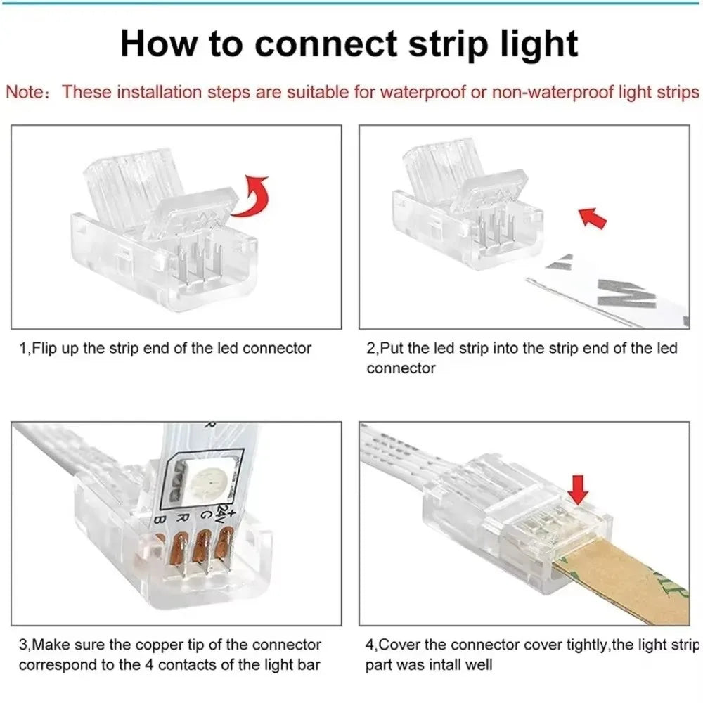 Solderless LED Strip Connectors 2/3/4/5 Pin | 10mm Transparent