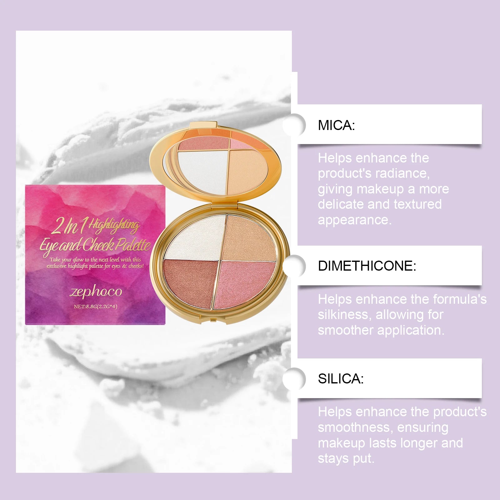 Zephoco 2-in-1 Highlighting Eye & Cheek Palette -Soft Shimmery Tones,Blendable Formula,All-in-One for Glowing Eye & Cheek Makeup Oasis Select