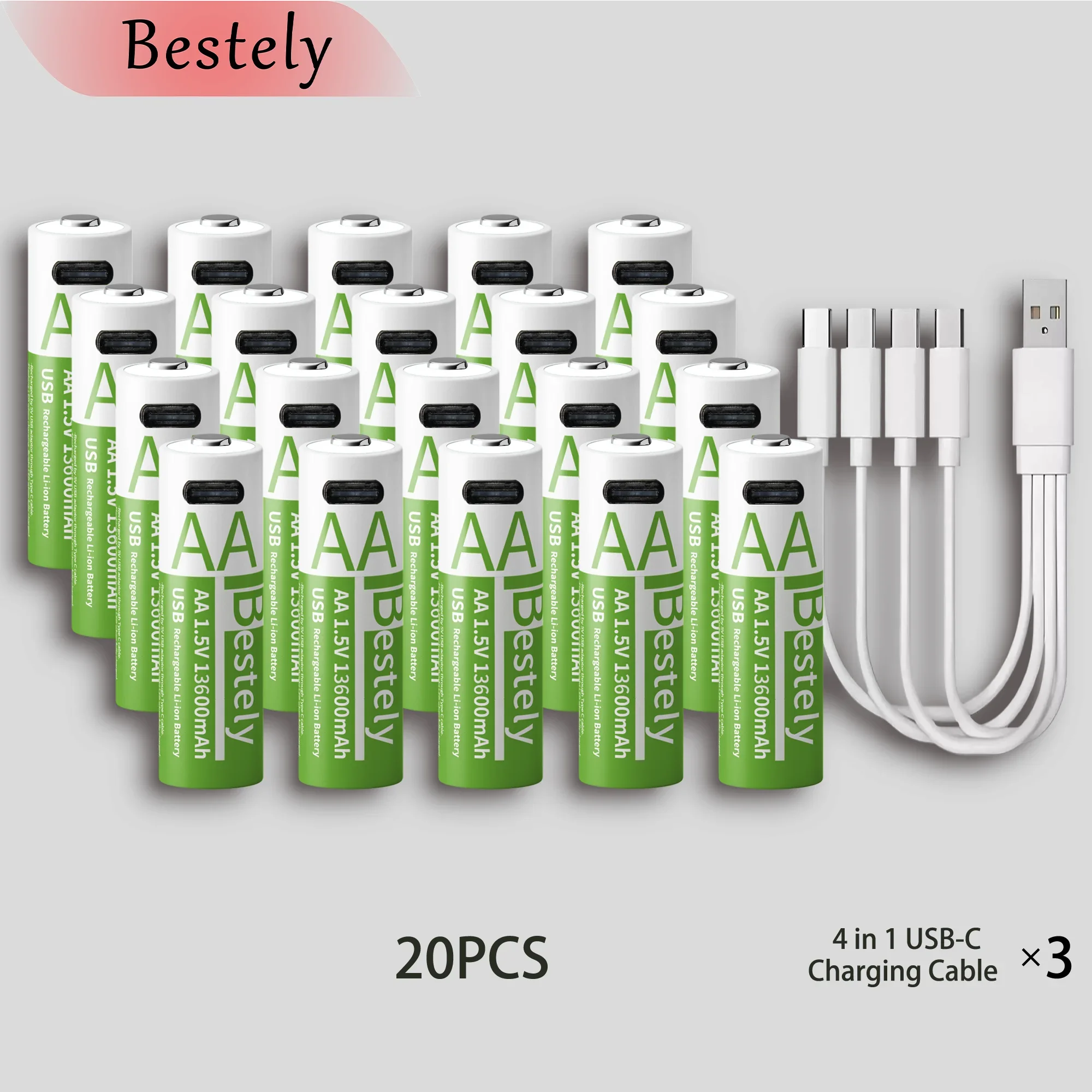 Latest Rechargeable 1.5V AA 13600mAh USB Lithium Battery , Fast Charging Li-ion AA Battery , 2000 Cycle with USB- C Port Cables Oasis Select 20 pcs batteries