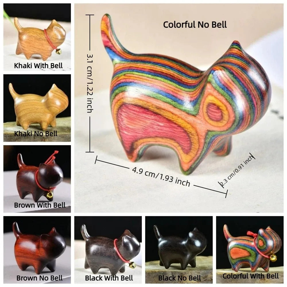 Handmade Wooden Cat Figurine with Bell | Natural Wood Decor Wood Cat Figurine Oasis Select