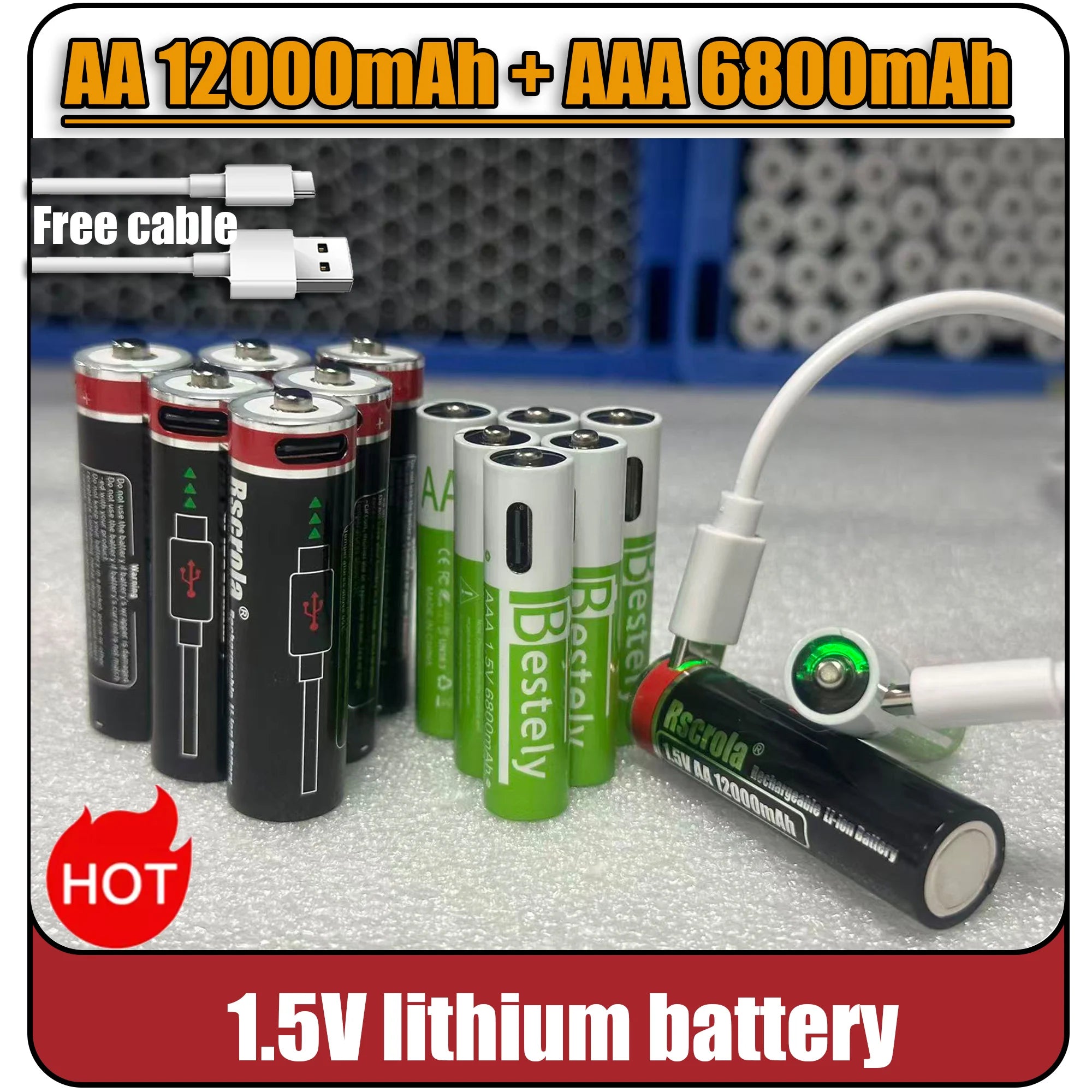 New AA 12000mAh+AAA 6800mAh Rechargeable Batteries Lithium-ion 1.5V AA Rechargeable Batteries 1.5V AAA Battery with USB-C Cables Oasis Select