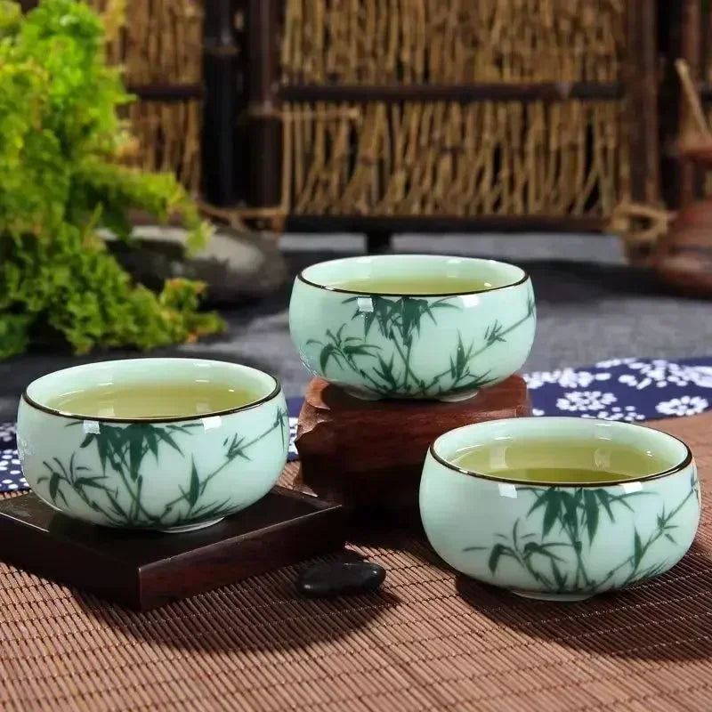 Tea Cup Ceramic 1PC Celadon Hand-painted Landscape Lotus Carp Tea Bowl Chinese Style Host Mountains and Waters Oasis Select