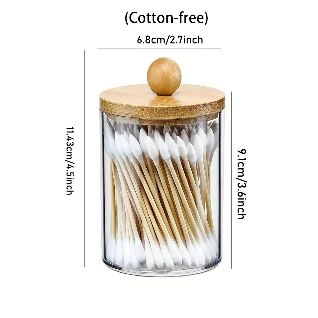 3 Pack Cotton Swab Organizer with Bamboo Lids - 10 oz Clear Plastic Apothecary Jar Containers for Vanity Makeup Organizer Oasis Select
