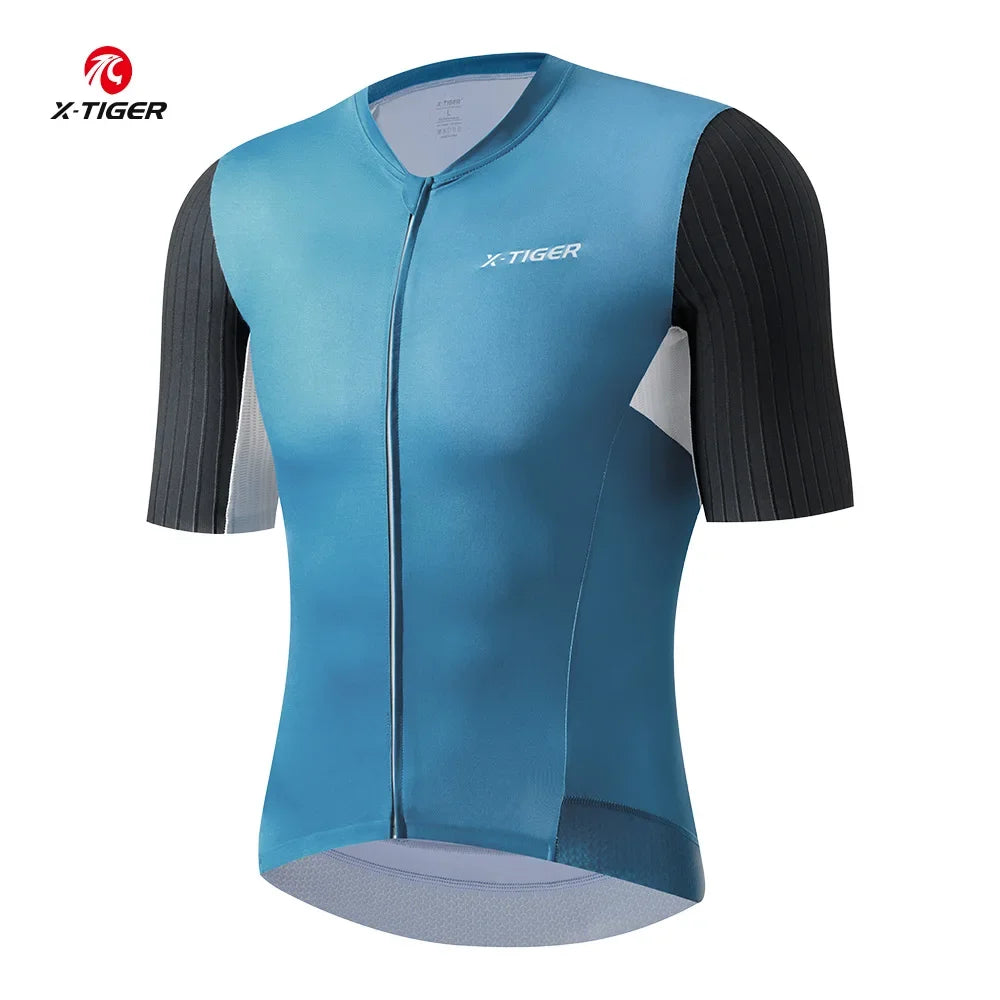 X-TIGER High Quality Cycling Jersey Sports Breathable Short Shirt Slim Bicycle Clothes Professional Men TMB Road Racing Jersey Oasis Select Light Blue Asian-L
