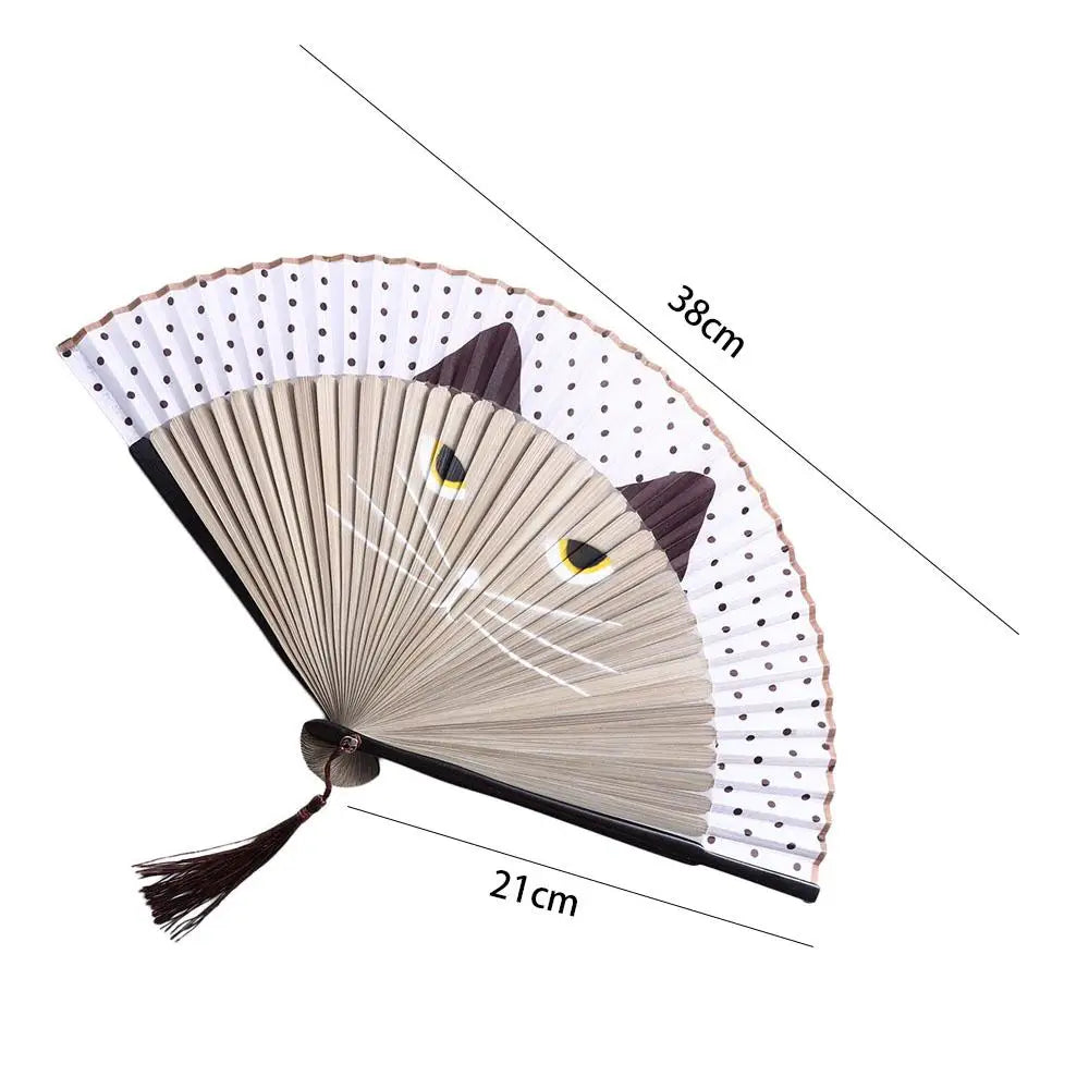 1 pcs Exiquisite Cartoon Summer Gift Bamboo Wooden Cat Patterns Folding Fan Home Decoration Fan Crafts Silk Fan Oasis Select