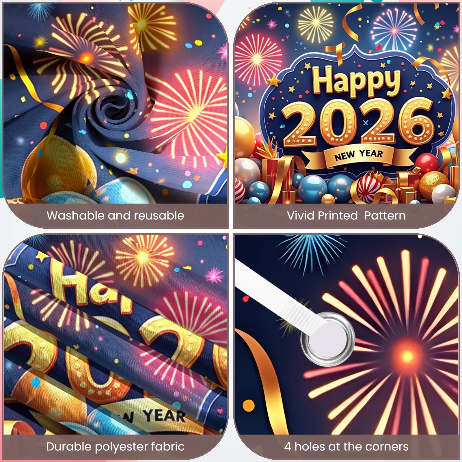 Happy New Year 2026 Party Decoration Backdrop New Year Champagne Clock Christmas Banner New Year Party Supplies Photo Background Oasis Select