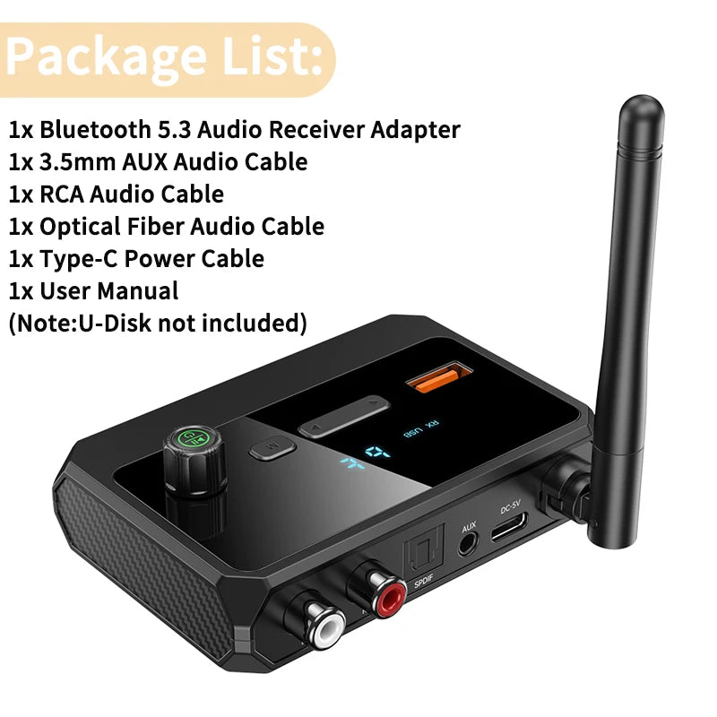 Bluetooth 5.3 Audio Receiver Support USB U-Disk Play Wireless Adapter R/L 2 RCA/3.5MM AUX/Optical Fiber Jack For Car Kit Speaker Oasis Select Black v5.3