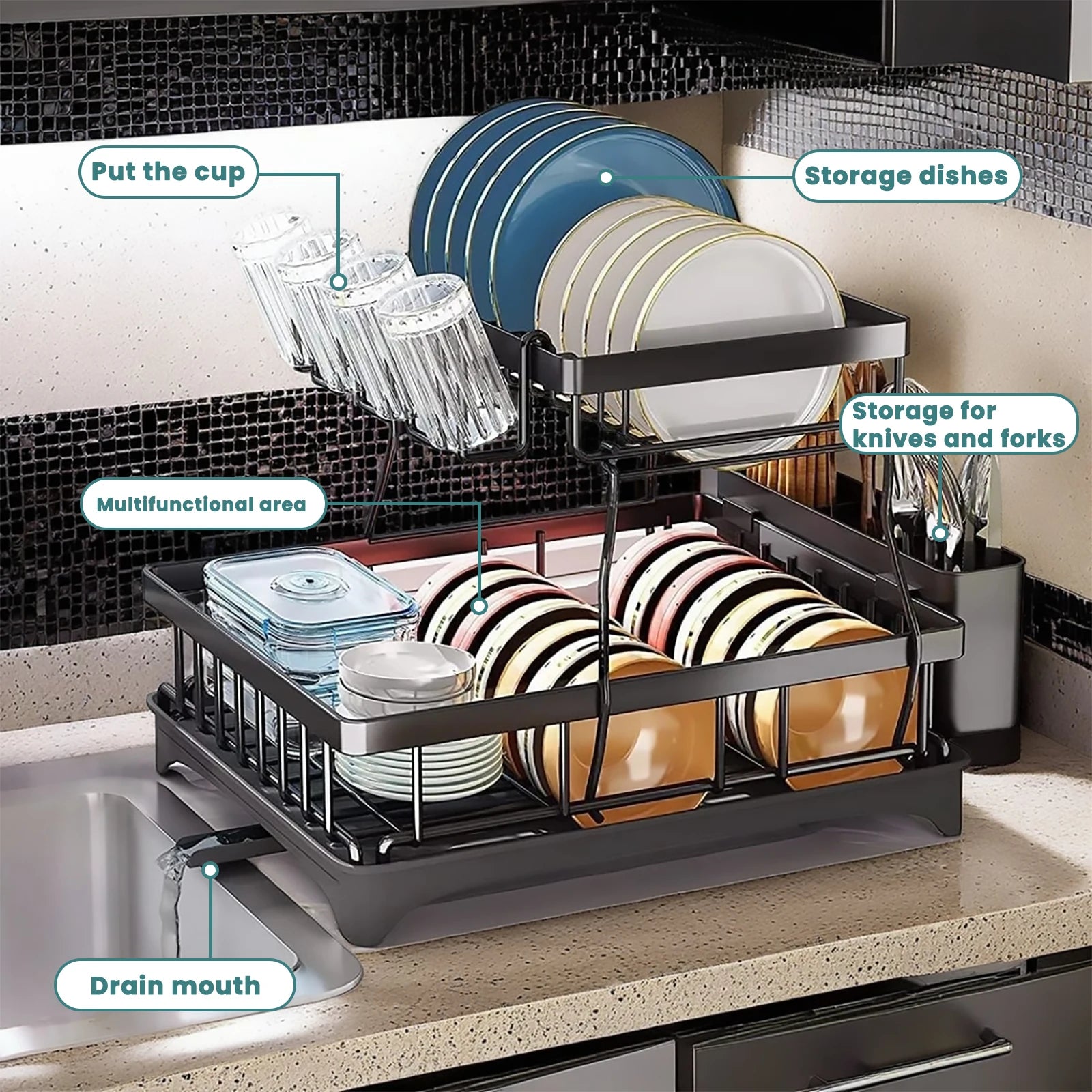 Large 2-tier dish drying rack for kitchen countertops, removable large-capacity dish draining rack Oasis Select
