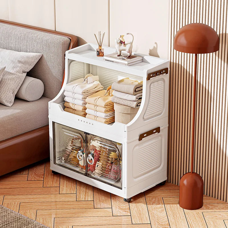 37cm Foldable Double-Door Storage Cabinet-Large Capacity Mobile Organizer with Wheels for Kitchen, Bedroom,Living Room Storage Oasis Select