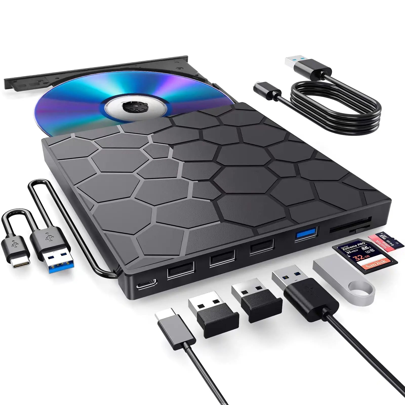 7 in 1 External CD/DVD Drive USB 3.0 Type C Portable DVD Player CD Burner External Disk Drive for Desktop Mac Windows Linux Oasis Select