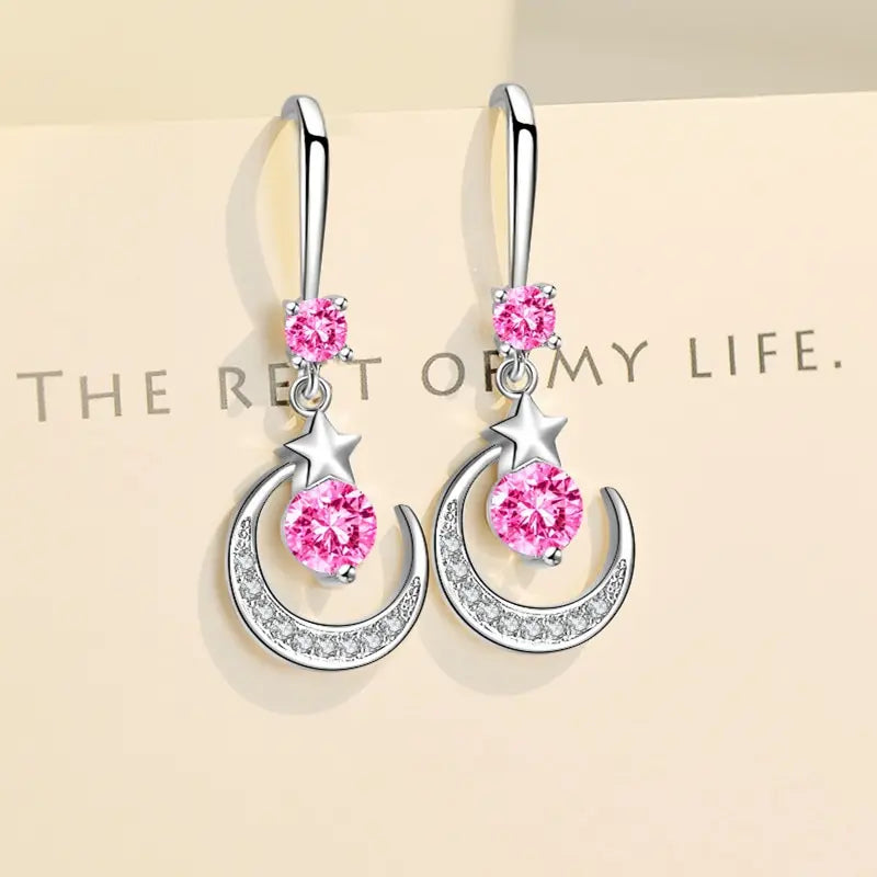 Star & Moon Dangle Earrings | Crystal Drop Pink Blue White Fashion Drop Earrings Oasis Select Imitation Platinum Pink diamond