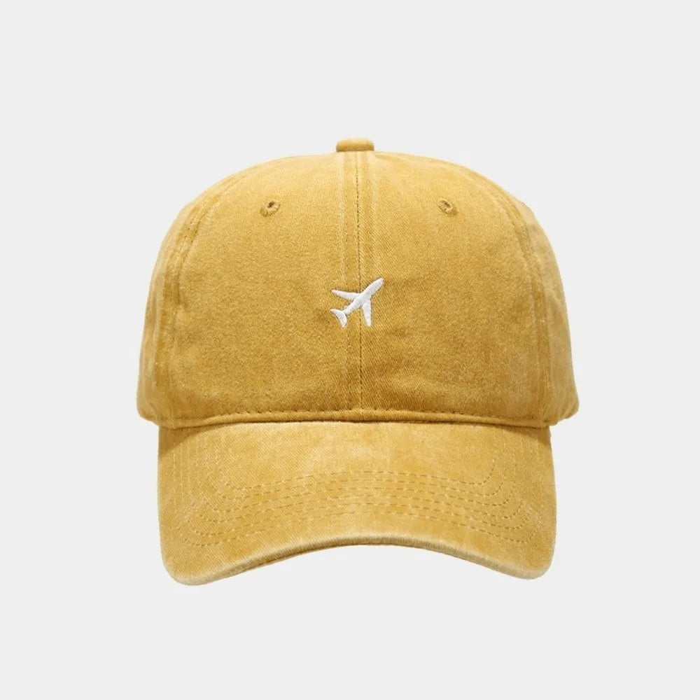 Washed Cotton Airplane Embroidered Baseball Cap Hip Hop Adjustable Peaked Cap Distressed Sunscreen Plane Dad Hat Oasis Select Yellow