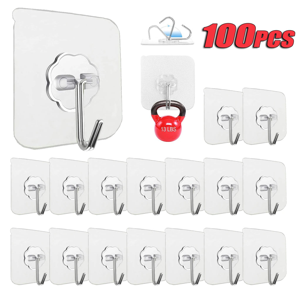 100-300PCS Transparent Stainless Steel Self-Adhesive Hooks Bathroom Towel Clothes Storage Sticker Hooks Key Hangers Storage Oasis Select