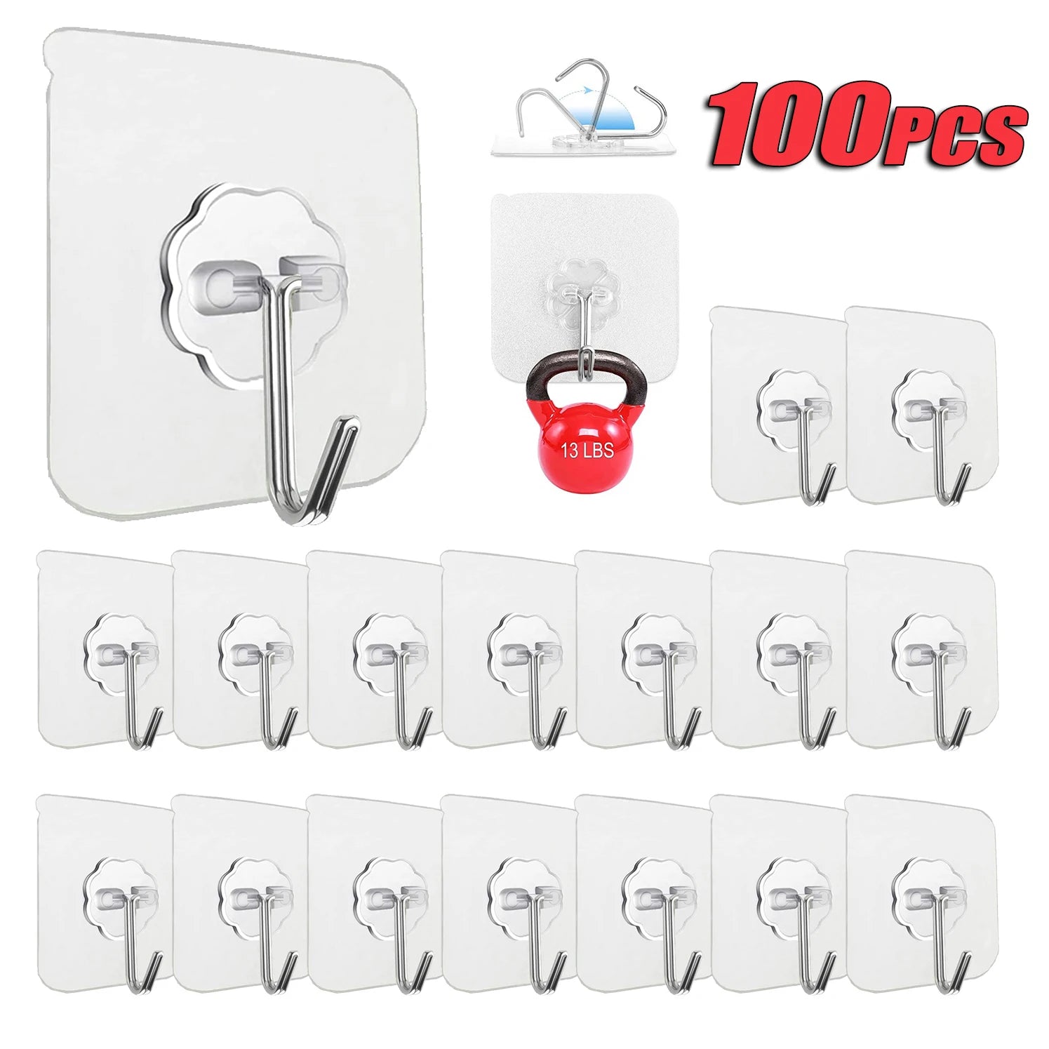100-300PCS Transparent Stainless Steel Self-Adhesive Hooks Bathroom Towel Clothes Storage Sticker Hooks Key Hangers Storage Oasis Select