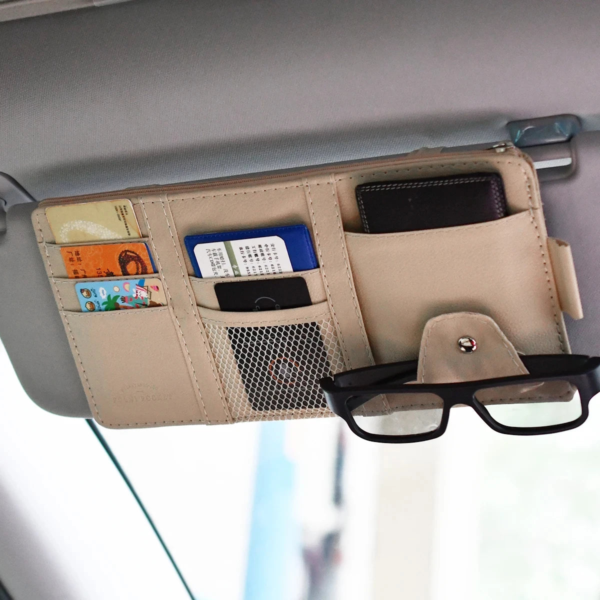 PU Leather Car Sun Visor Organizer – Multi-Pocket Holder