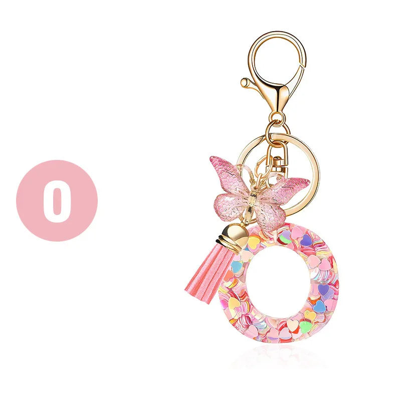 1pc Pink Glitter Letter Keychain with Heart Butterfly Tassel Crystal Resin Charm Fashion Accessory Gift for Women & Girls Oasis Select O