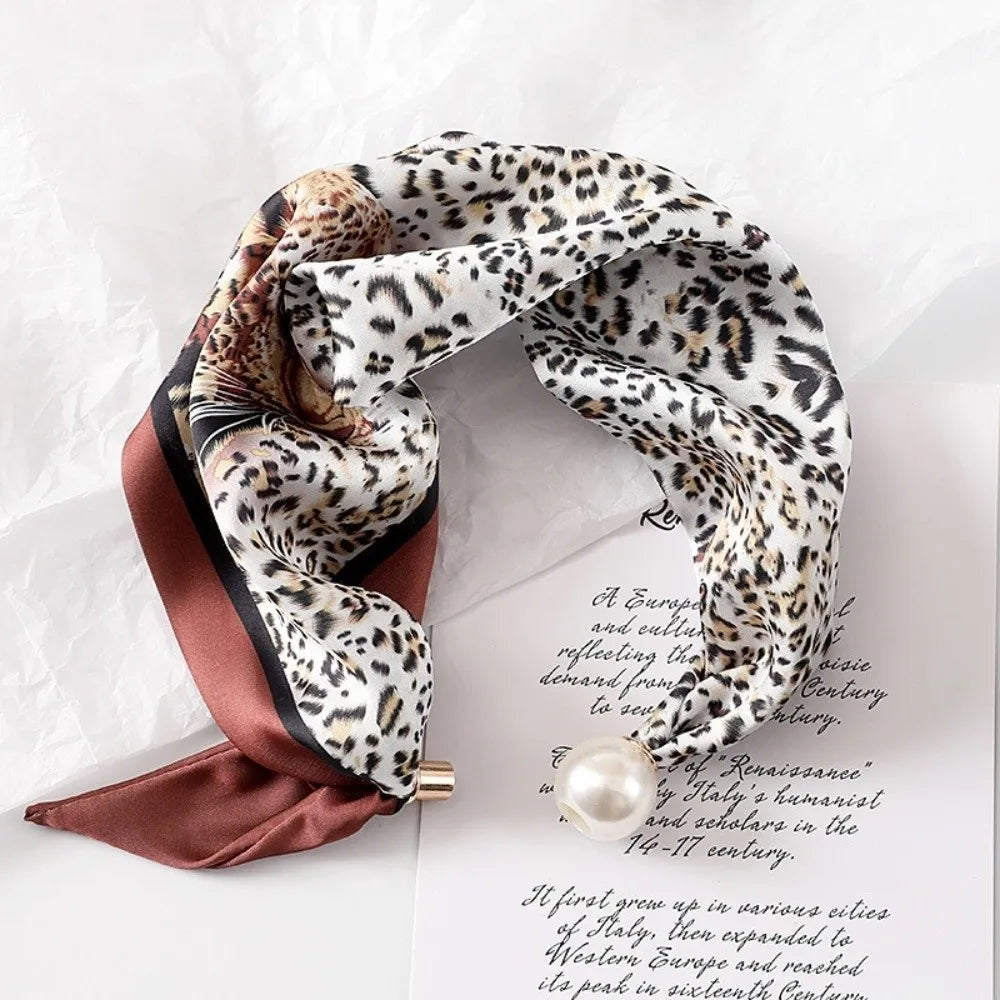 Elegant Breathable Silk Scarf Pearl Buckle Printed Magnetic Snap Scarf Lightweight Thin Faux Pearl Scarf for Women Accessories Oasis Select