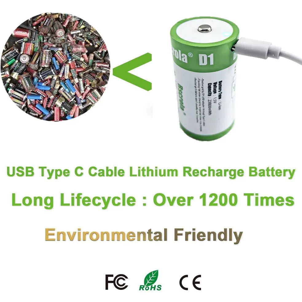 1.5V 23800mWh D Cell Batteries Rechargeable D Batteries with Charger Cable for Gas Cooker Water Heater Flashlight Radio Tool Toy Oasis Select