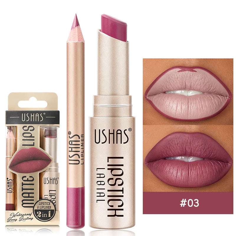 USHAS 12-Color Matte Lipstick & Lip Liner Set – Long-Lasting
