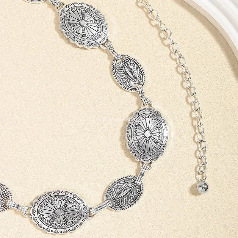 Retro Style Women's Metal Waist Chain - Decorative Circle Carved Chain Belt - High Style Accessories for Dresses & Jeans Oasis Select