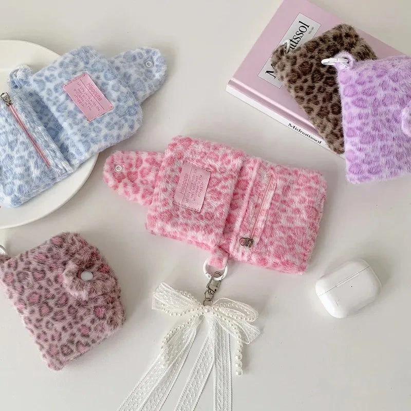 1pcs Female Leopard Print Plush Snap Button Coin Purse High-value Pendant Small Wallet Student Portable Meal Card Storage Bag Oasis Select