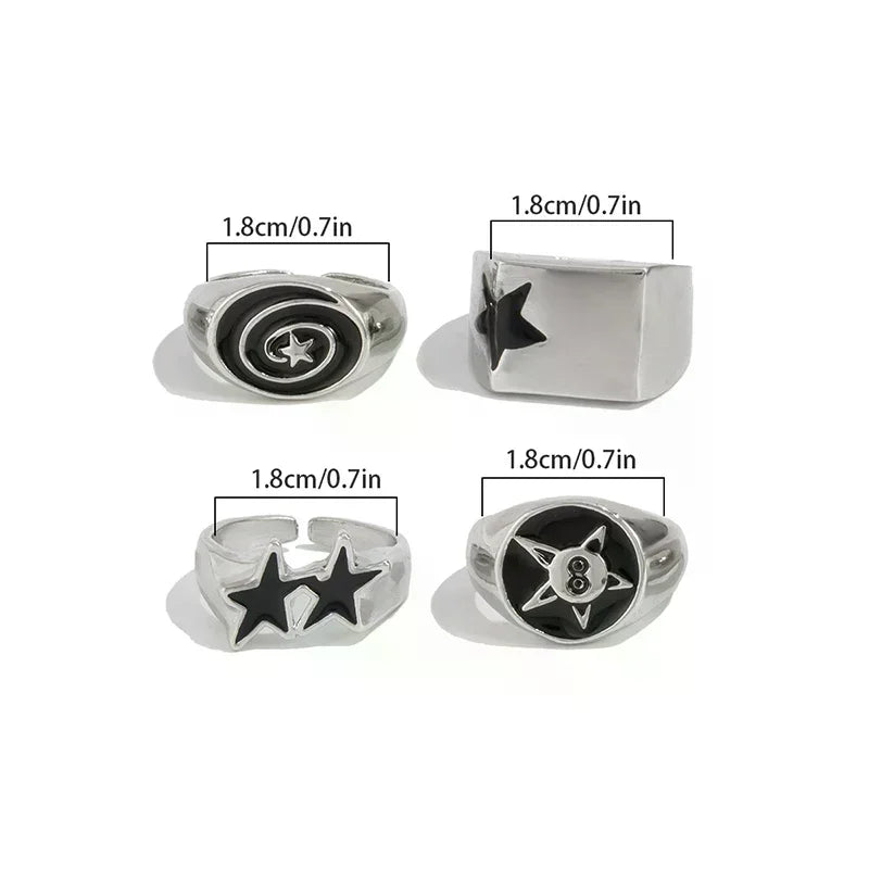 4Pcs/Set Black Five-Pointed Star Wide Rings For Men Hiphop Silver Color Geometric Thick Opening Finger Rings Sets Jewelry Gifts Oasis Select