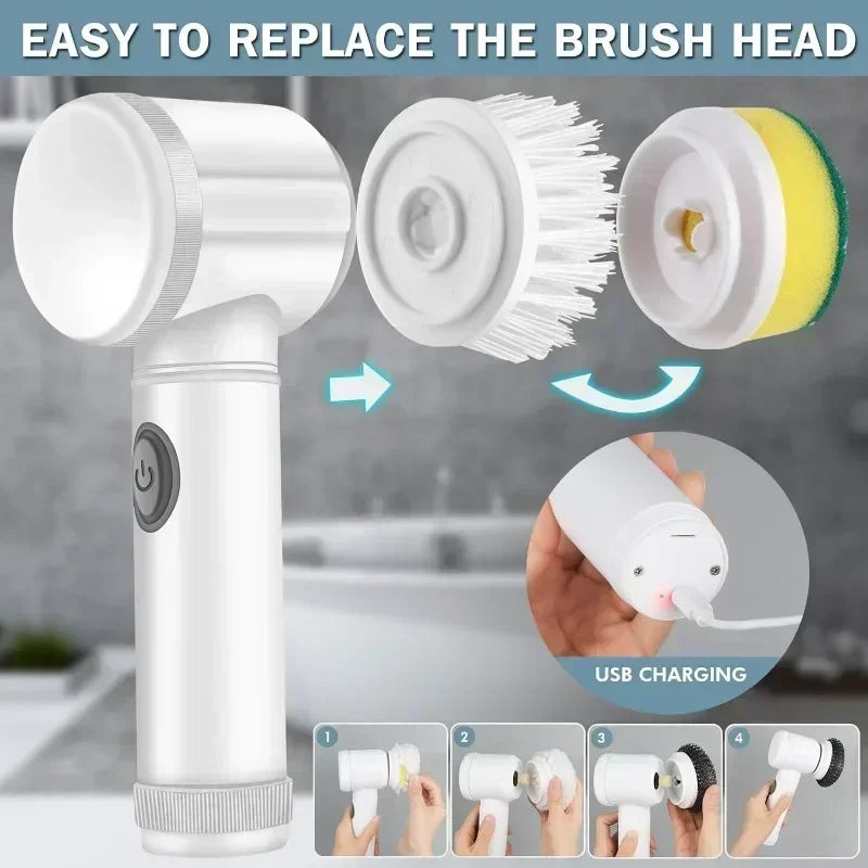 Cordless Electric Scrubber Brush Set – 5 Heads, Kitchen & Bath