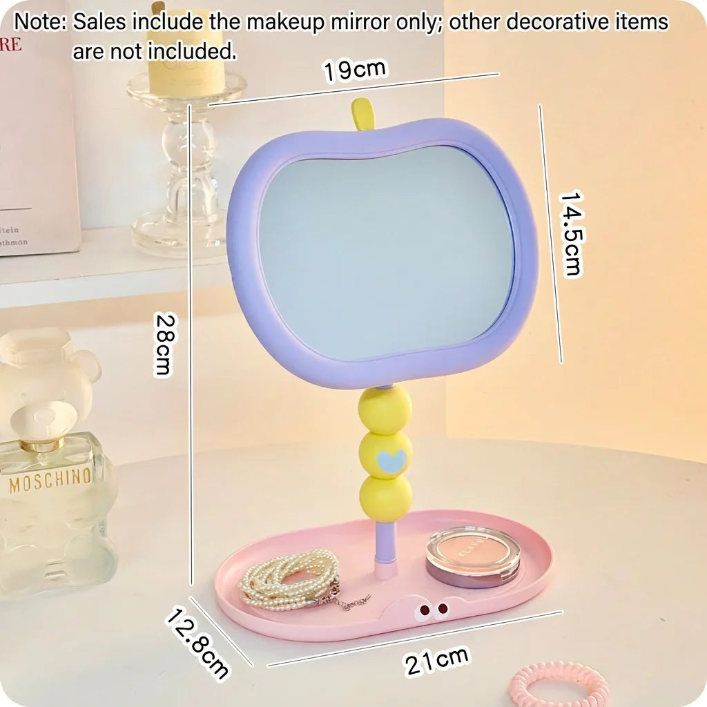 Cute Apple-Shaped Tabletop Vanity Makeup Mirror, HD Clear Adjustable Rotating Mirror With Storage Tray For Dorm Bedroom Oasis Select Pink Purple