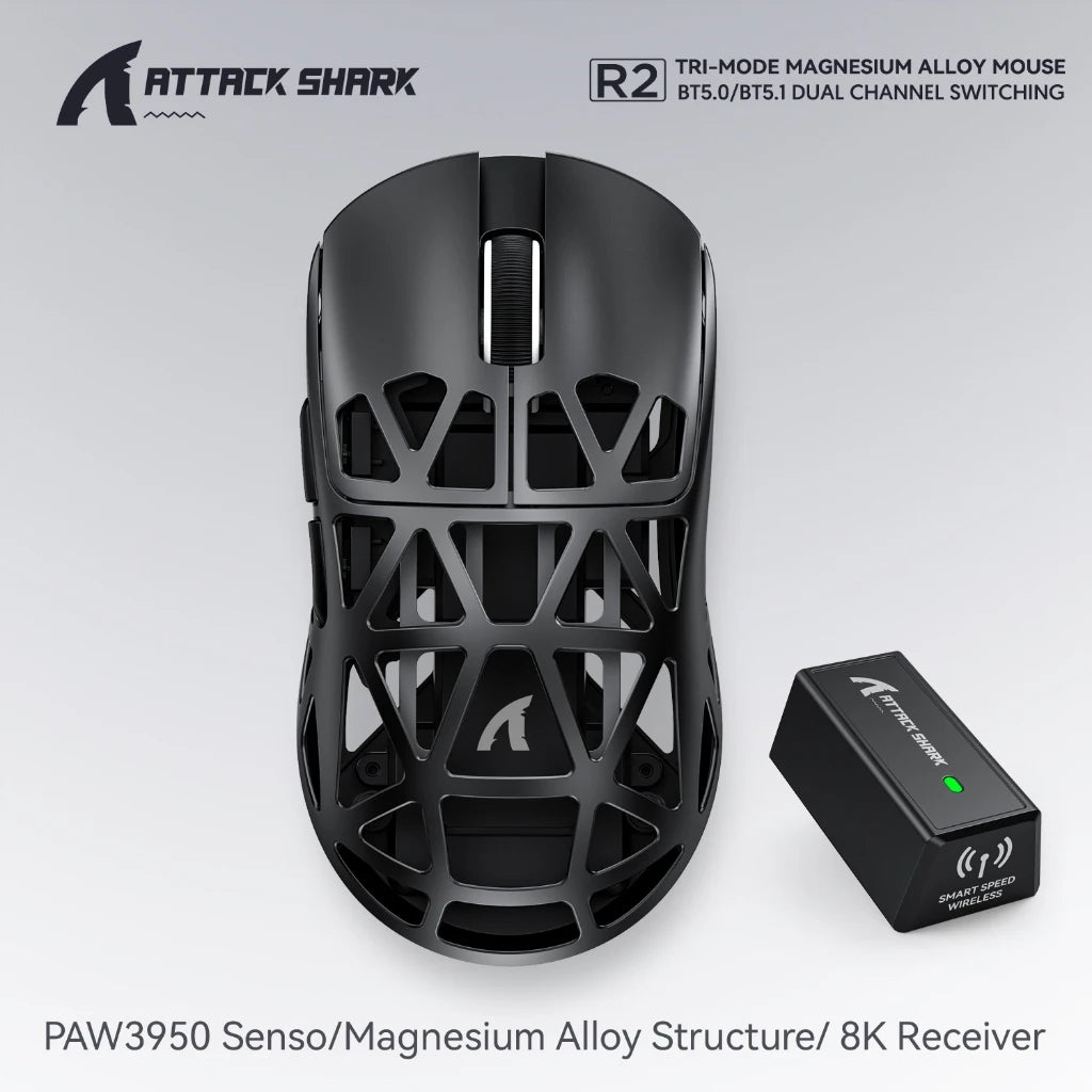 Attack Shark R2/8K Magnesium Gaming Mouse-8000Hz Polling, 48g Ultra Light, Tri-Mode Wireless, PAW3950Max Sensor with R2 Mini Oasis Select R2 Black