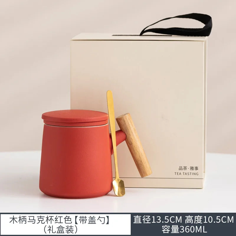 Office Wooden Handle Mug Japanese-style Ceramic Office Tea Cup Frosted Water Cup Three-piece Set with Lid Filter Mug Coffee Mug Oasis Select Red gift box 301-400ml