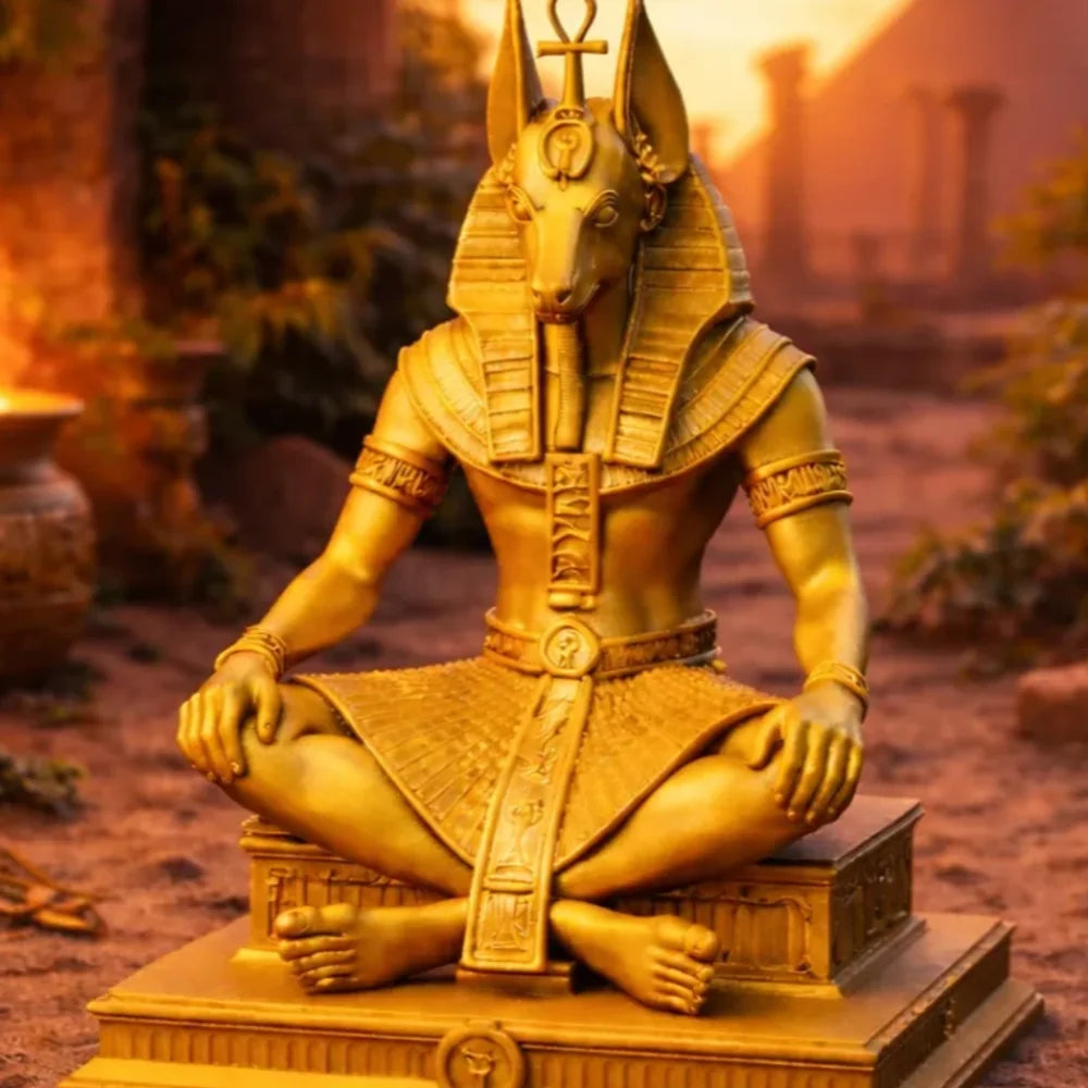 Gold Plated Anubis Guardian Sculpture Ancient Egyptian Jackal God Sitting Statue Spiritual Altar Tabletop Decor Collectible Oasis Select