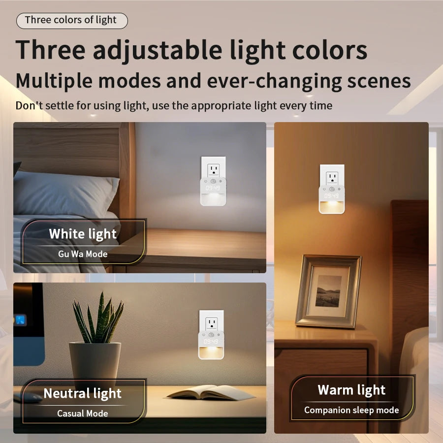 Motion Sensor LED Night Light with Time Display EU and US Socket Plug-in Wall Lamp Smart Sensing Light for Hallway Stair Bedroom Oasis Select