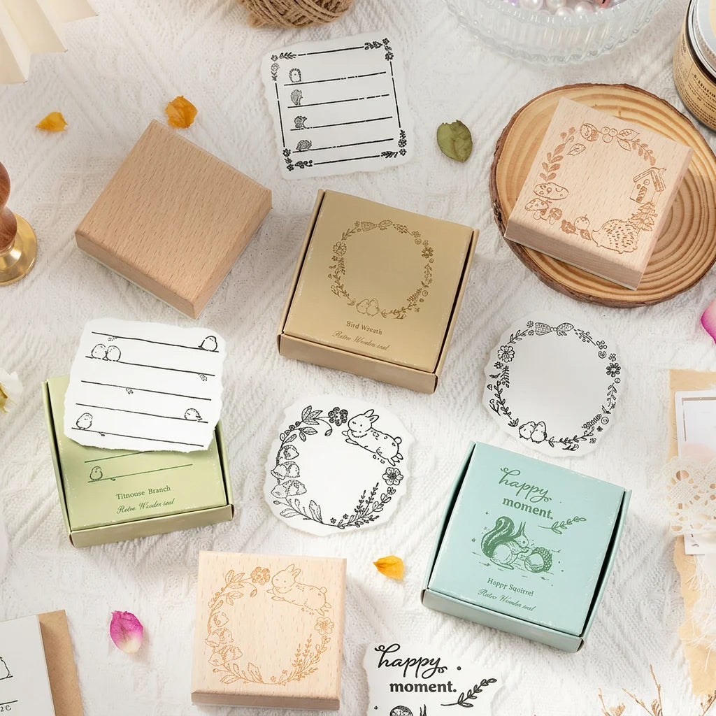 Retro Little Forest Wooden Rubber Stamp Decorative Stamps for Journal Scrapbooking DIY Handcrafts 6 Patterns Available Oasis Select