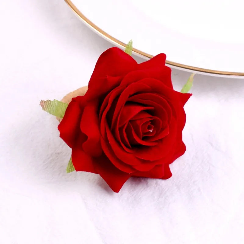 Valentine's Day Decoration Simulation Flower Napkin Ring Hotel Wedding Party Ornament Napkin Holder Napkin Circle Buckle Oasis Select Red-10.5x6.5cm