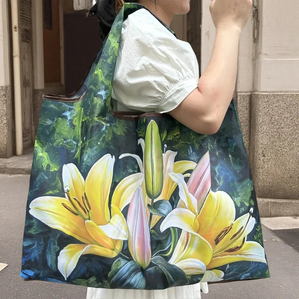 Oil Painting Print Folding Shopping Bag Portable Design Large Capacity Square Shopping Bag Foldable Feature Positioning Design Oasis Select Style 6