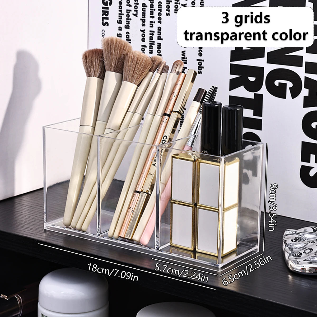 1pc Desktop Acrylic Transparent Makeup Brush Storage Box Organizer Portable Lipstick Makeup Brush Makeup Pen Holder Storage Box Oasis Select 3grid-transparent