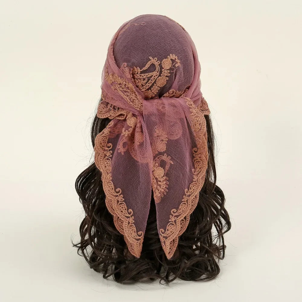 Elegant Square Lace Scarf Hollow Out Thin Foulard Bandana Floral Embroidery Vintage Hair Scarf Headband Women Oasis Select Rose Red