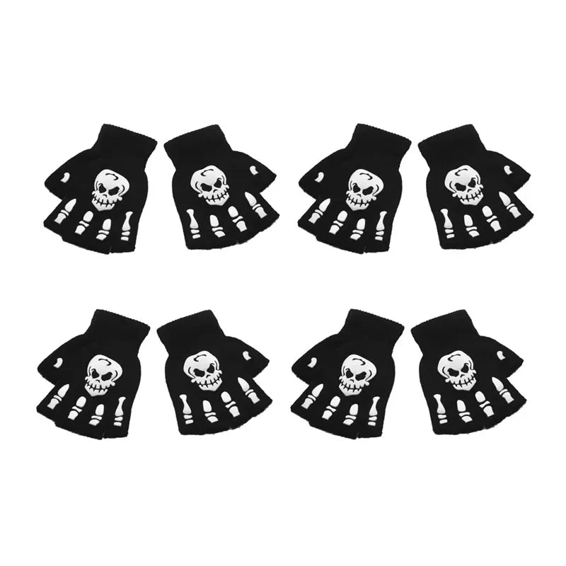 1-4pair Gloves Unisex Halloween Skeleton Skull Half Finger Gloves Glow In The Dark Fingerless Stretch Knitted Winter Mittens Oasis Select 4pair C