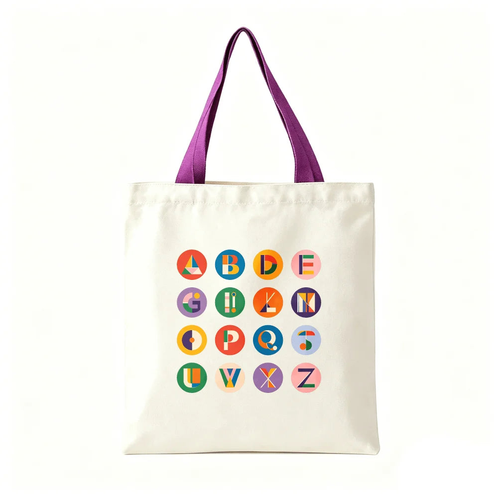 Vibrant Geometric Alphabet Canvas Tote Bag Large Cotton Shoulder Bag Student Travel Shopping Handbag Color Handle Oasis Select Purple