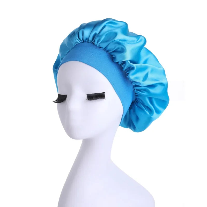 1pc Night Sleep Caps with Wide Elastic Band, Silk Wrap, Soft Head Cover Sleeping Hat for Women and Girls Curly Hair Oasis Select SKY BLUE