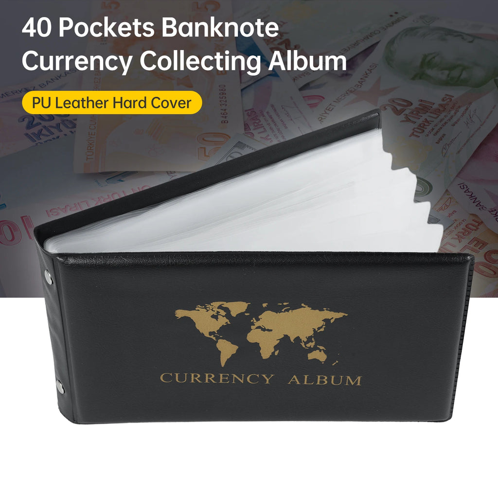 40 Pockets Banknote Currency Collecting Album 20 Sheets Clear Dollar Bill Holders World Money PU Leather Hard Cover Storage Oasis Select