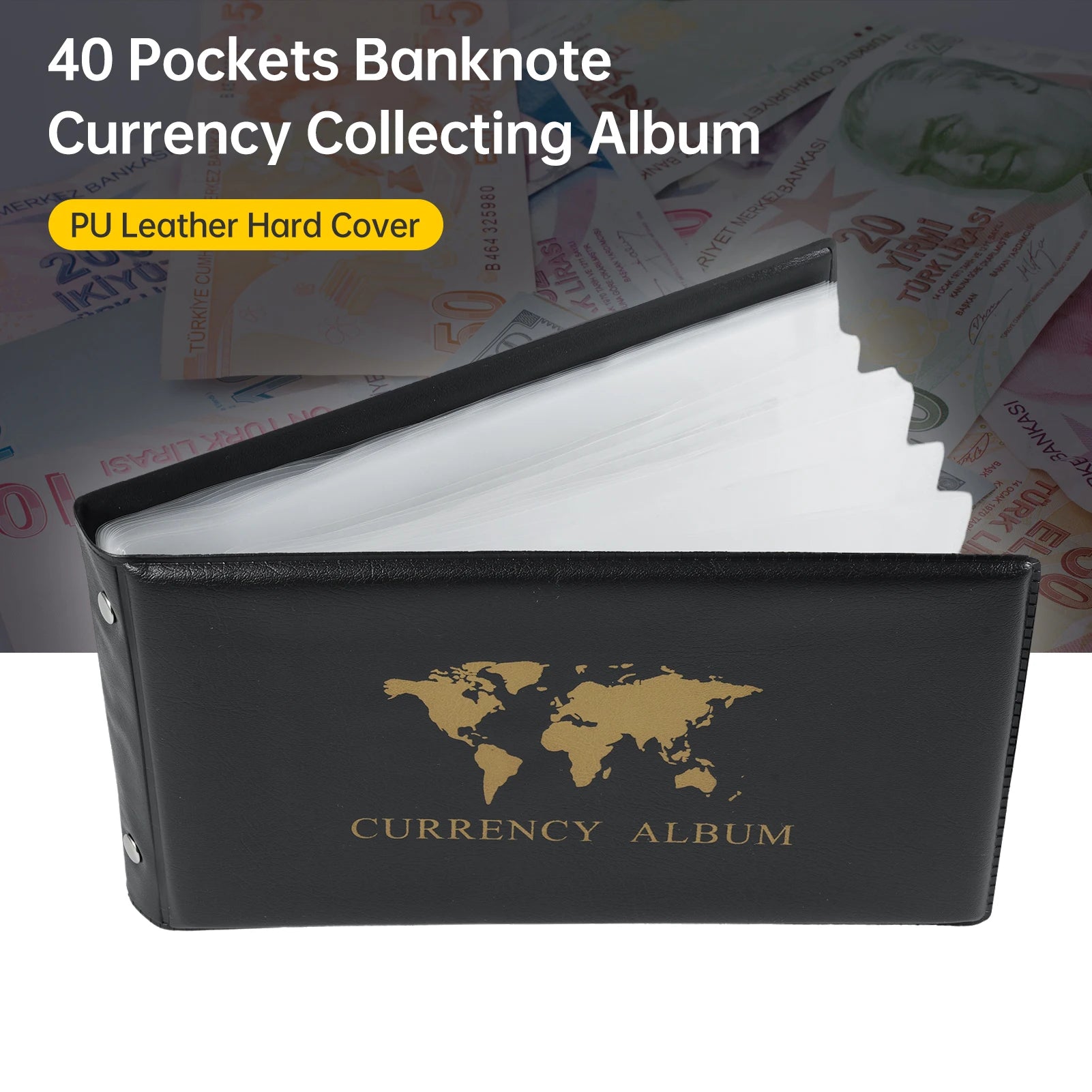 40 Pockets Banknote Currency Collecting Album 20 Sheets Clear Dollar Bill Holders World Money PU Leather Hard Cover Storage Oasis Select