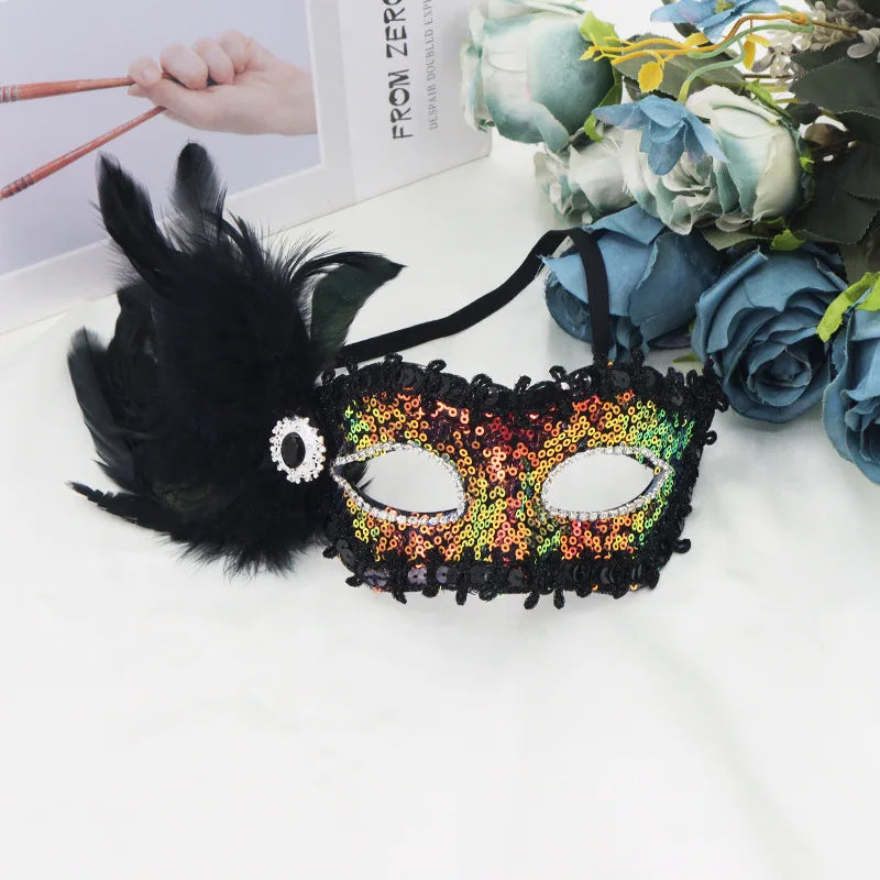 Feathers Sequins Half-Face Mask Masquerade Removable Feather Decor Venetian Mask Halloween Cosplay Party Costume Accessory Oasis Select Multi-color