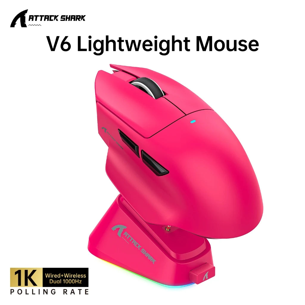 Attack Shark V6 Tri-Mode Gaming Mouse Wireless, 65g UltraLight, PAW3311 Sensor, RGB Magnetic Charging Dock,1000Hz 500mAh Battery Oasis Select V6 Berry red Light