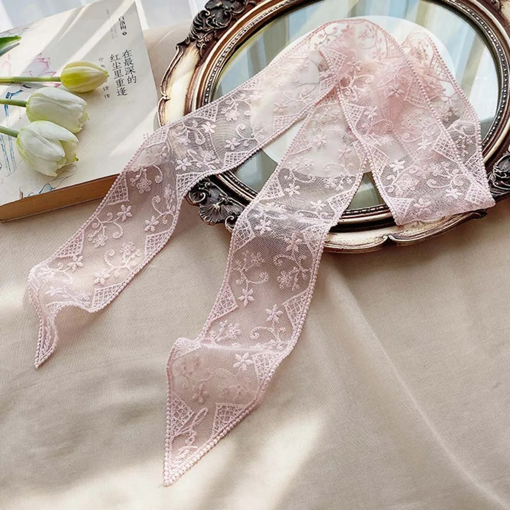 Summer Soft Lace Scarf Elegant Hollow Headband Korean Embroidery Hair Ribbon for Women Oasis Select 2 Pink