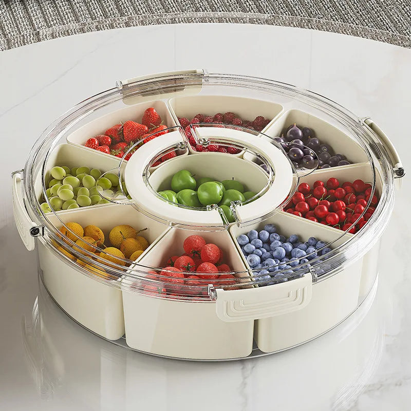 Round Snack Tray with Lid and Handle-Portable 9/6 ccells food storage box with 360 ° swivel and clear window cover for travel Oasis Select