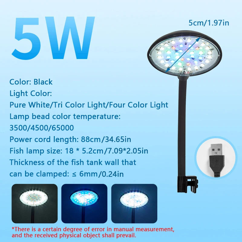 USB Fish Tank Small Clip Light Water Grass Light LED 3/5/7W Color Changing Adjustable Light Splash Proof Restore Natural Colors Oasis Select CN Plug USB-5W (Black)